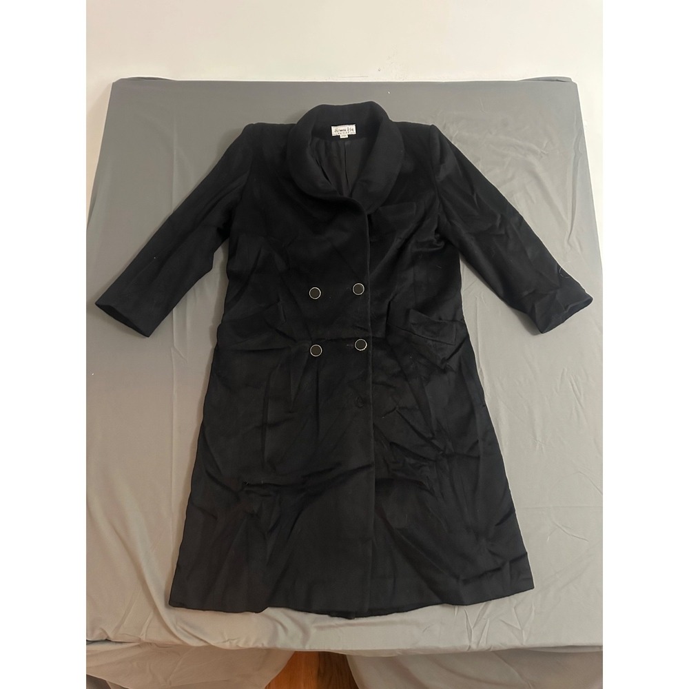 Vintage Herman Kay Petite Black Wool Coat Womens‎ Large Double Breasted Long USA